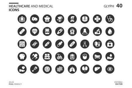 Healthcare And Medical icon set in glyph style. Vector logo design template. Modern design icon, symbol, logo and illustration. Vector graphics illustration and editable stroke. Isolated on white background.のイラスト素材