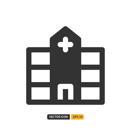 Hospital icon in filled style. Vector logo design template. Modern design icon, symbol, logo and illustration. Vector graphics illustration and editable stroke. Isolated on white background.のイラスト素材
