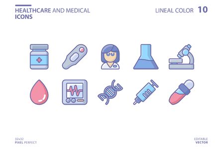 Healthcare And Medical icon set in lineal color style. Vector logo design template. Modern design icon, symbol, logo and illustration. Vector graphics illustration and editable stroke. Isolated on white background.のイラスト素材