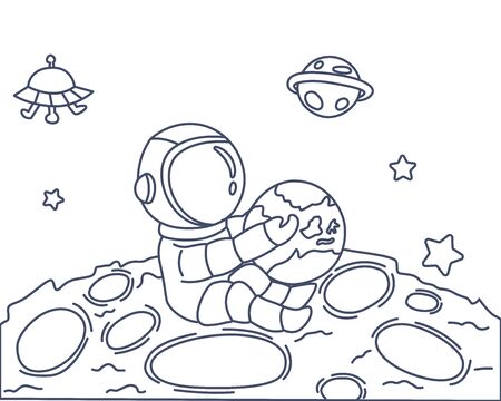 Astronaut coloring book line art design vector illustration. Space separate objects. Space hand drawn doodle design elements.のイラスト素材