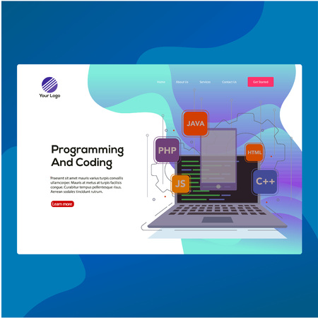 Modern design template concept with programming and coding word concept vector illustration. Can use for landing page, media application, template, ui, web, mobile app, poster, banner, flyer.のイラスト素材
