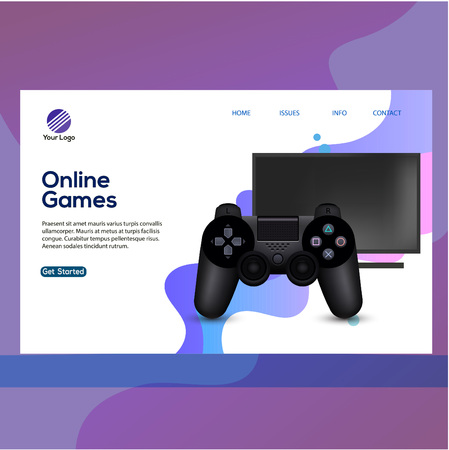 landing page game online template for site construction. Portal background with button, game console, joysticks. Ultraviolet game controller, Tv Gamepad technology. Electronicのイラスト素材