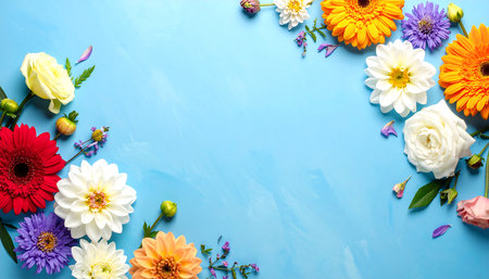 Flat lay arrangement of various colorful flowers, including gerbera daisies, roses, and dahlias, artfully placed around the edges of a light blue surface.  The flowers exhibit diverse hues and forms. Petals, leaves, and buds complement the main blossoms.の素材