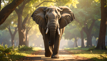 Large elephant, its gray skin gleaming in the golden sunlight, ambles down a path through a park, surrounded by lush trees and grass. The background displays a soft bokeh effect, emphasizing the serene ambiance of the scene.  The elephant is centered in the foreground, drawing the viewer's eye to its presence and majestic stature.の素材