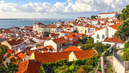 High-angle, full shot of a European city, showcasing a dense urban landscape with terracotta-tiled roofs, pastel-colored buildings, and a body of water in the background. The image exhibits a vibrant, sunny atmosphere, characteristic of a Mediterranean climate.  The city is built on hills, providing a perspective that encompasses the entire urban area, including the houses, roads, and the surrounding landscape.  The varied shades of pastel colors on the buildings and the warm, rich hues of the terracotta roofs create a striking visual contrast, and a mix of green spaces can be observed amidst the urban structures.の素材