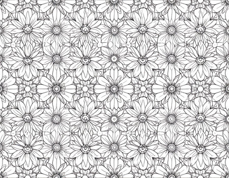 This image is a black and white graphic design of a repeating floral pattern.  The pattern is composed of many detailed flowers, with overlapping petals and lines that create depth and visual interest. The lines are precise and the shapes well-defined. The flowers are arranged in a dense pattern that fills the entire image area. The overall effect is a visually rich and potentially decorative pattern suitable for backgrounds, wallpapers, or other design applications.の素材