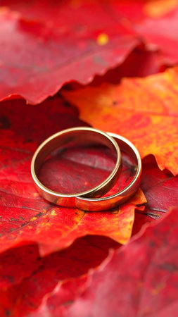 Close-up view of two wedding rings positioned on a bed of colorful autumn leaves.  The leaves are a mix of deep reds and fiery oranges, contrasting beautifully with the gleaming metal of the rings. The image is focused on the rings and leaves, with a shallow depth of field.の素材