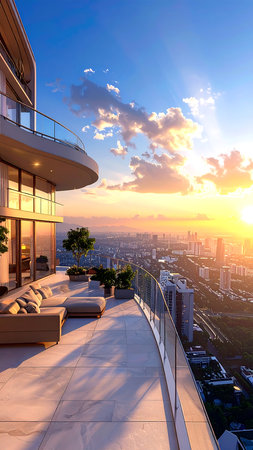 High-end penthouse terrace with a curved glass railing offers a stunning panoramic view of a bustling city at sunset. The terrace is furnished with beige outdoor furniture and potted plants. The image showcases a modern architectural design, with the warm golden light of the setting sun highlighting the details of the space. The perspective is taken from directly on the terrace, looking outwards to the city.の素材