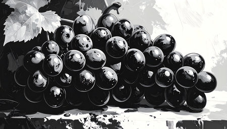 Close-up view of a bunch of grapes in grayscale, with a focus on the interplay of light and shadow on the individual berries.  The grapes are arranged in a cluster, and a vine leaf is visible in the background. The image is presented in a stylized, almost painterly, fashion, with visible brushstrokes or digital texture. The overall mood is tranquil and contemplative.の素材
