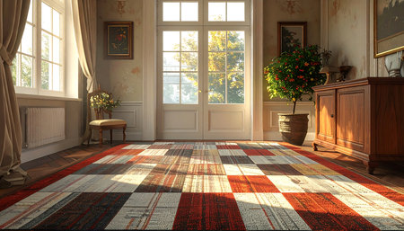 Digitally rendered image of a room with a decorative checkered rug. The rug is multi-colored and arranged in a repeating pattern on a wooden floor. The room is furnished with antique-style furniture, including a wooden cabinet and a light-colored chair. Sunlight streams into the room through large windows, illuminating the room and rug. The colors are warm and inviting, creating a sense of classic elegance and comfort.の素材