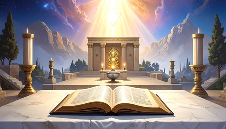 Serene, artistic image depicts a holy, ancient sanctuary.  A grand, open-air platform, adorned with intricate architectural details, sits amidst a picturesque landscape of rolling hills and mountains.  The platform is elevated and leads to a sanctuary-like structure, highlighted by golden light. A large open book is placed on a white marble-like surface, along with several candles in golden candleholders. The image evokes a feeling of peace and devotion.  The colors are rich and warm, with golden tones highlighting the architecture and the sky above showcasing a vibrant, celestial glow. The overall mood is spiritual and thoughtful.の素材