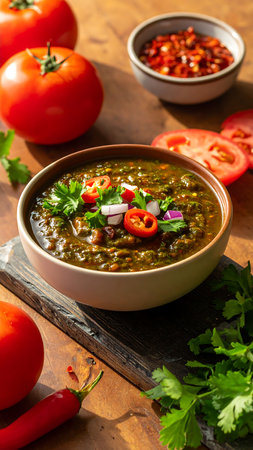 Close-up view of a bowl of vibrant green curry. The curry is garnished with fresh cilantro, red chili peppers, and diced red onion.  The bowl is light brownish-tan.  Surrounding the bowl are fresh tomatoes, sliced tomatoes, and fresh cilantro sprigs. Red chili peppers and a small bowl of dried red chili flakes sit on the wooden surface nearby, all illuminated by natural light.の素材