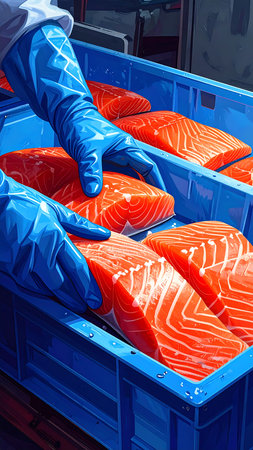 Close-up view of a person wearing blue gloves carefully placing fresh salmon fillets into a blue plastic crate. The crates are filled with several salmon fillets, and the image highlights the vibrant colors and textures of the fish and the container.  The image is well-lit, demonstrating the high quality and fresh state of the fish.の素材