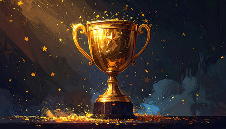 Digital illustration depicts a golden trophy on a dark pedestal, adorned with falling golden confetti and stars. The backdrop features a dark background with stylized brushstrokes and a sense of movement, emphasizing the triumphant essence of the image.の素材