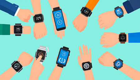 Collection of different smartwatches and smartphones, each with various displays, are depicted on hands set against a light teal background. The image shows a variety of modern technology, with hands interacting with the touchscreens of the devices.の素材