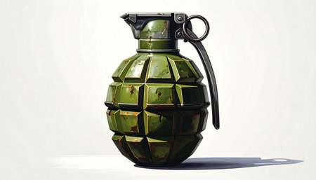 Meticulously rendered illustration of a hand grenade. The grenade is presented in a  setting with a plain white background, drawing focus to its form and surface details, particularly the rusted, geometric facets and the metallic lever. The lighting and shadows emphasize the three-dimensional qualities of the object, creating a visual effect that's both realistic and artistic.の素材