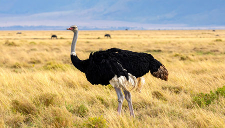Solitary ostrich is centered in a vast, golden-toned savanna. The bird's long neck and black and white plumage contrast beautifully with the surrounding tall grass.  The background showcases a vast expanse of similar grassland stretching to a hazy horizon, suggesting a wide open African plain.の素材