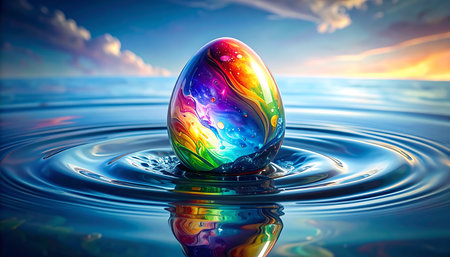 Stylized, colorful egg rests on a water surface. The water ripples outwards from the egg in concentric circles, and the egg's vibrant rainbow colors are reflected in the water, creating a mesmerizing display of color and motion. The background is a soft blend of light blue sky and clouds, contributing to the overall aesthetic appeal.の素材