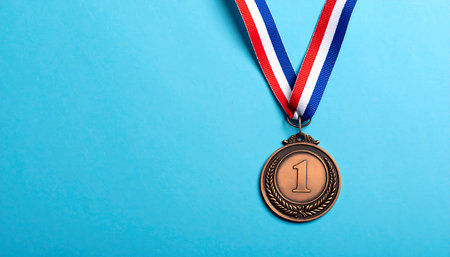 Bronze medal, featuring the number one, is suspended from a ribbon with red, white, and blue stripes against a vibrant, smooth light-blue surface. The image is well-lit, presenting a clear view of the medal and its components. The composition is simple, focusing solely on the medal and ribbon against the plain background.の素材