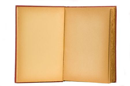 Yellowed and aged blank pages of an open book with red cover. Isolated on a white background with...