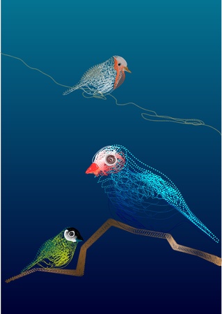 Colorful vector line art of three birds, made by illustrator blend tool.のイラスト素材