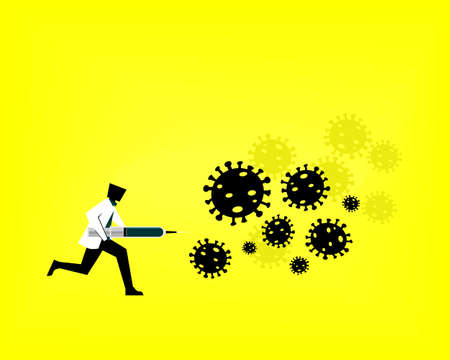 Doctor attack viruses uses an injection as a weapon. Fight coronavirus. Coronavirus 2019-nCov vaccine. Illustration vectorのイラスト素材