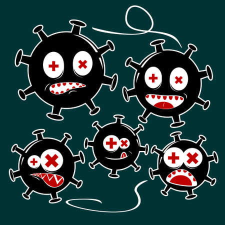 Black bacteria, virus, germ, microbe and pathogen cartoon character set. Virus with facial expression. Illustration vectorのイラスト素材