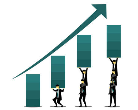 Business teamwork with bar chart concept. Teamwork raising the bar. Teamwork for improvement. Illustration vectorのイラスト素材