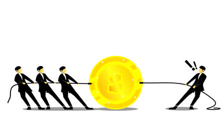 Small businessman team pulling of big golden coins, teamwork concept. Competition in work. Man character pulling rope with coin, scene of earning money, cash with dollars. Illustration vectorのイラスト素材