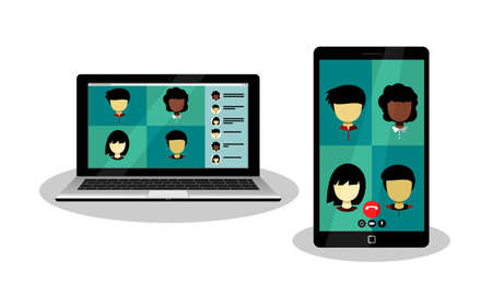 Online meeting in video call. Video conference. Laptop screen. Phone screen. Stream. Web chatting. Remote work. Working from home. Vectorのイラスト素材