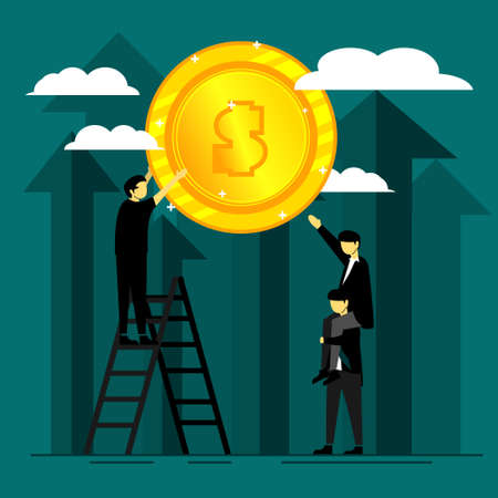 Business try to take money coin. Working teamwork. Job business competition. Rivals between employees. Teamwork and corporate profit. Overcome and achieve success. Vectorのイラスト素材