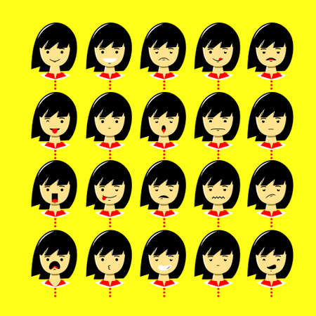 Face expression set. Set cute girl emoticon exspressions. Woman with different facial expressions set. Different human facial expressions, emotions and feelings. Vectorのイラスト素材