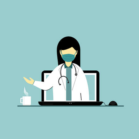 Medical doctor web video conference during coronovirus pandemic outbreak display Illustration. Virtual online consultation. Doctor wear mask explain about viruses and bacteria. Vectorのイラスト素材