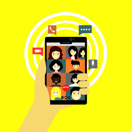 Video call group. Hands holding smartphone with video call. Virtual meeting. Chatting online with friends or family. Vectorのイラスト素材