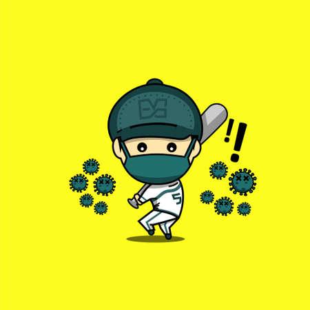 Cute character fight virus. Baseball player against virusのイラスト素材