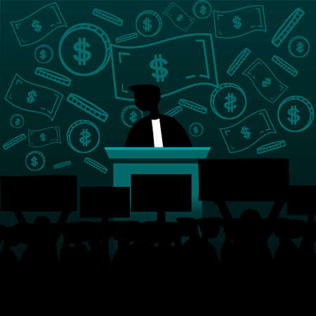Businessman. Politician. Presenting, oration, speech about money. Economy. Illustration vector
