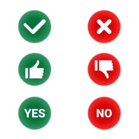 Set of check mark label. Green check mark and red cross. Modern thumbs up and thumbs down. Like and dislike. Circle symbols yes and no button for vote, decision, web. illustration vectorのイラスト素材