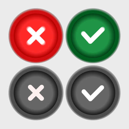 Set of check box list icons. Green checkmark OK and red X icons. Circle symbols YES and NO button for vote, decision, web. Illustration vectorのイラスト素材