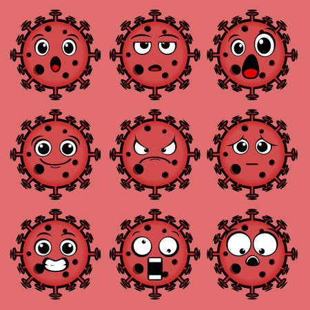 Set of cute viruses with facial expressions. Virus corona cell cartoon cute character design with emotions face. Illustration vectorのイラスト素材