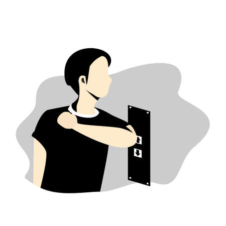 Press the button with the elbow. Self protection against  COVID-19 or coronavirus concept. Prevent infection spreading. Vectorのイラスト素材