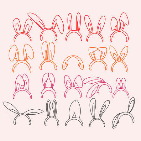 Easter bunny ears mask. Rabbit hat set. Bunny ears headband. Easter mask with rabbit ears. Outline set of rabbits's ears for easter decoration. Vectorのイラスト素材
