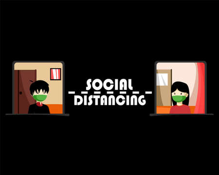 Social distancing concept. Self-quarantine concept. Avoid physical contact to protect from COVID-19 coronavirus. Kids stay at home awareness Illustration.Prevent infection spreading. Vectorのイラスト素材