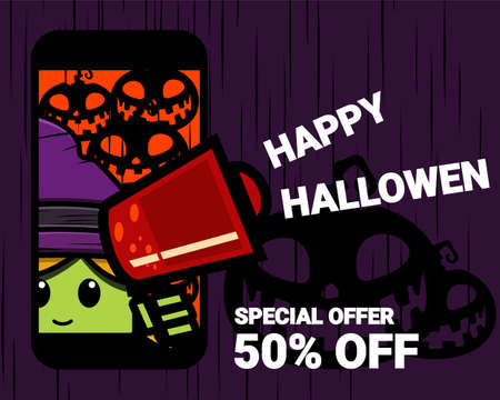 Happy hallowen digital marketing. Dicount banner. Cute witch holding megaphone in mobile. Illustration vectorのイラスト素材