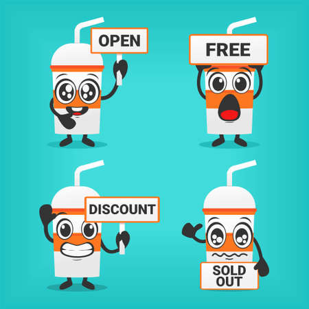 Set of drink cup character. Juice cup character holding up information boards. Illustration vectorのイラスト素材