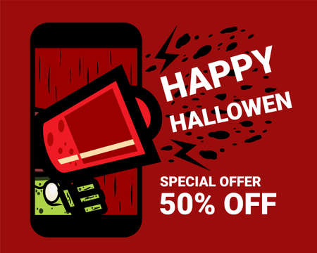 Happy hallowen digital marketing. Dicount banner. Cute green zombieholding megaphone in mobile. Illustration vectorのイラスト素材