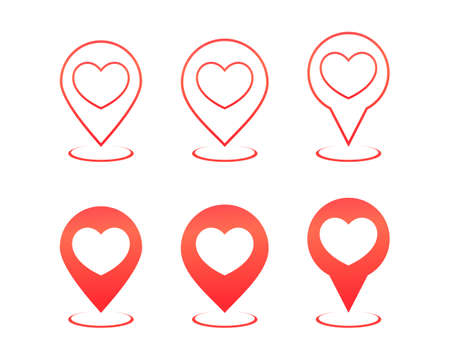 Set of map pointer with love. Red location pin icon with heart shape. Valentine location. Illustration vectorのイラスト素材