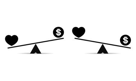 Set of balance between heart, love and money icon. Scales comparison of money and heart. Illustration vectorのイラスト素材
