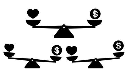 Set of balance between heart, love and money. Scales comparison of money and heart. Illustration vectorのイラスト素材