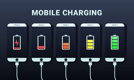 Set of smartphones with battery charge level indicators and with USB connection. Mobile smartphones...