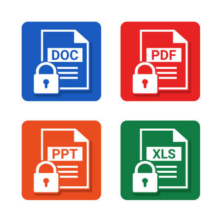 Set of format and extension of documents. Document locked. Privacy. PDF, DOC, PPT and XLS. File type. Illustration vectorのイラスト素材